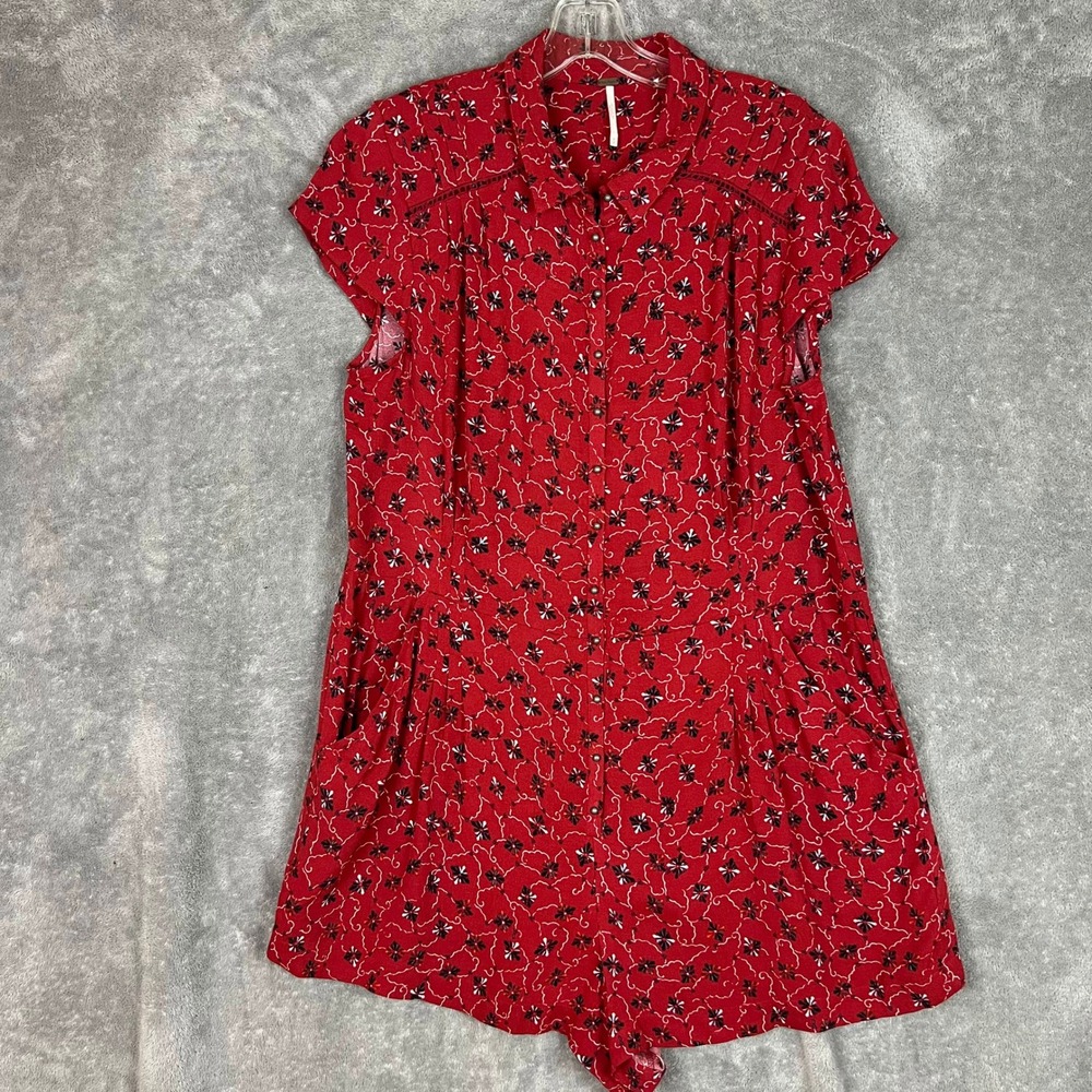 Free People Debby Dot Romper Womens M Red Floral Button Down Boho Beach